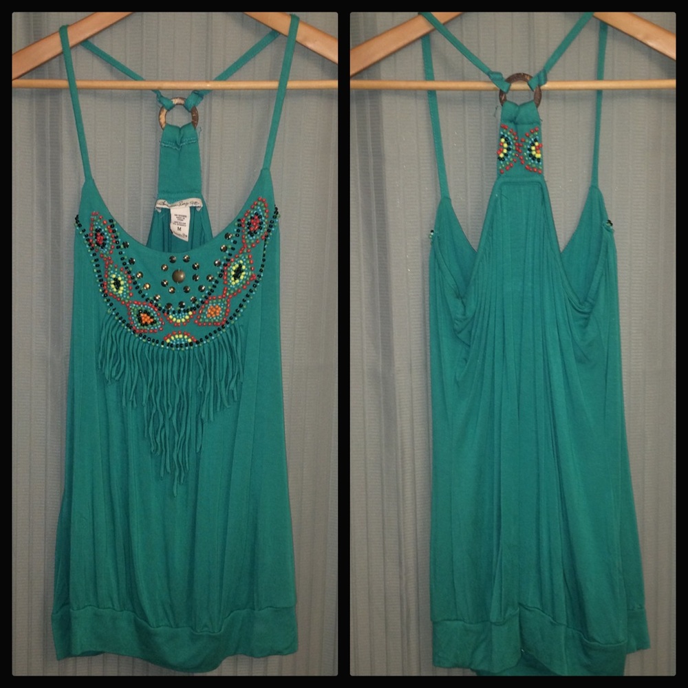 Fringe Beaded Turquoise Halter - Picture 2 of 5